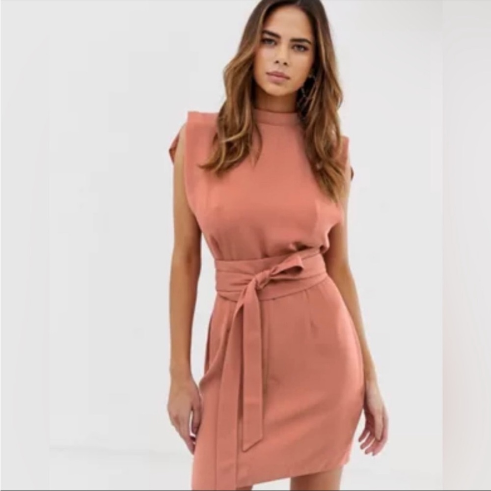 ASOS split sleeve mini dress with obi belt in terracotta